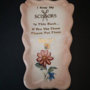 Vintage Ceramic Scissor Holder for Wall 6" High Handpainted Scalloped Edge